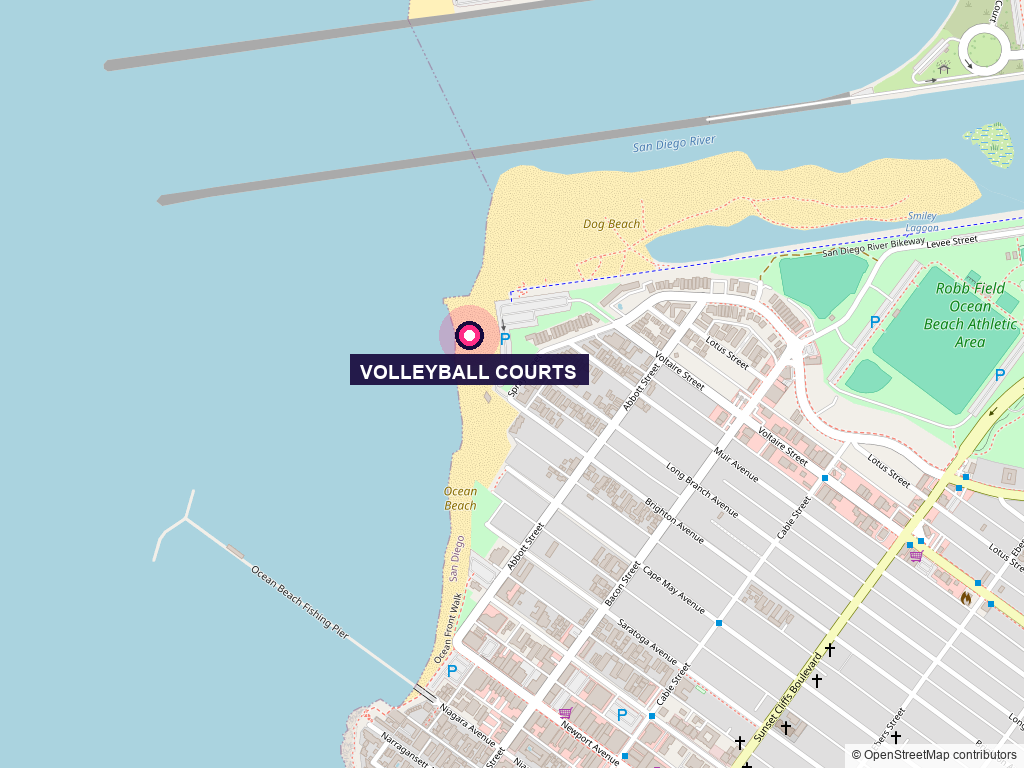 Map of Ocean Beach showing the volleyball courts on the sand, with Dog Beach and the San Diego River to the north, Abbott Street and Voltaire Street inland, and the Ocean Beach Pier to the south.