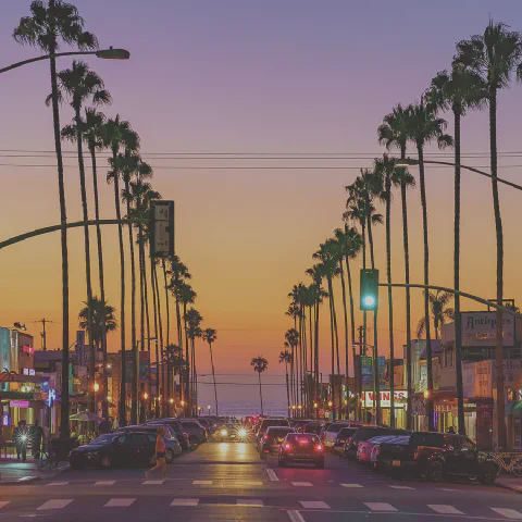Newport Avenue after sunset, two blocks from the sand